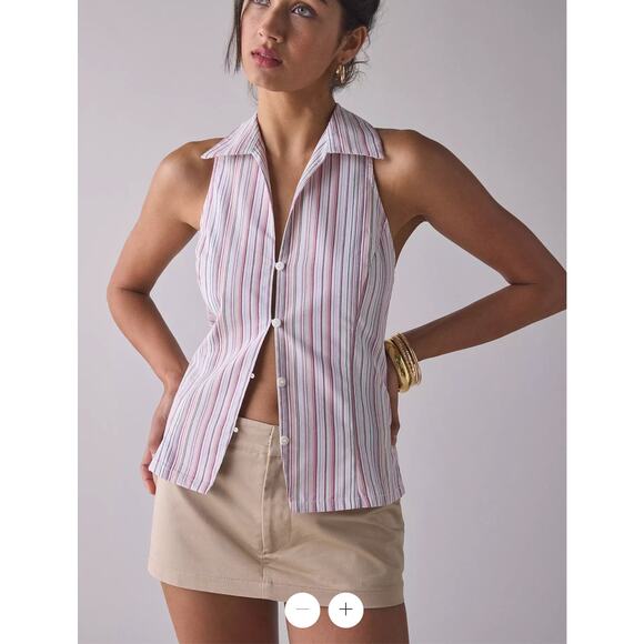 Urban Outfitters Party Girl Cotton-Blend Button Down Sleeveless Shirt, Pink, XXS - Picture 1 of 3